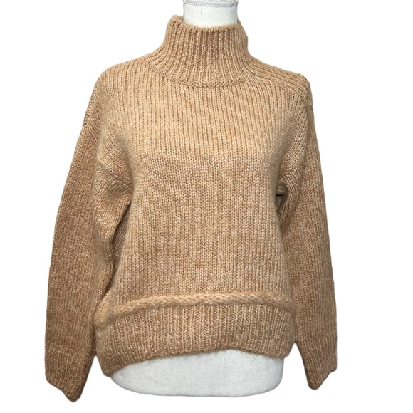 NWT Topshop tan amber funnel mock neck button shoulder fuzzy chunky sweater XS - Picture 2 of 15
